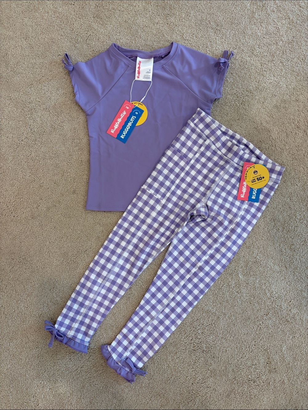 RuffleButts Wisteria Purple Active Raglan Shirt & Gingham Active Ruffle Leggings